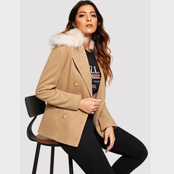 Faux Fur Belted Double Breasted Jacket In Camel - Picture 2 of 9